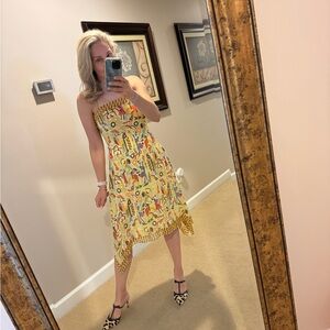 Kay Unger Silk Strapless Dress with Vibrant Yellow and Red Design